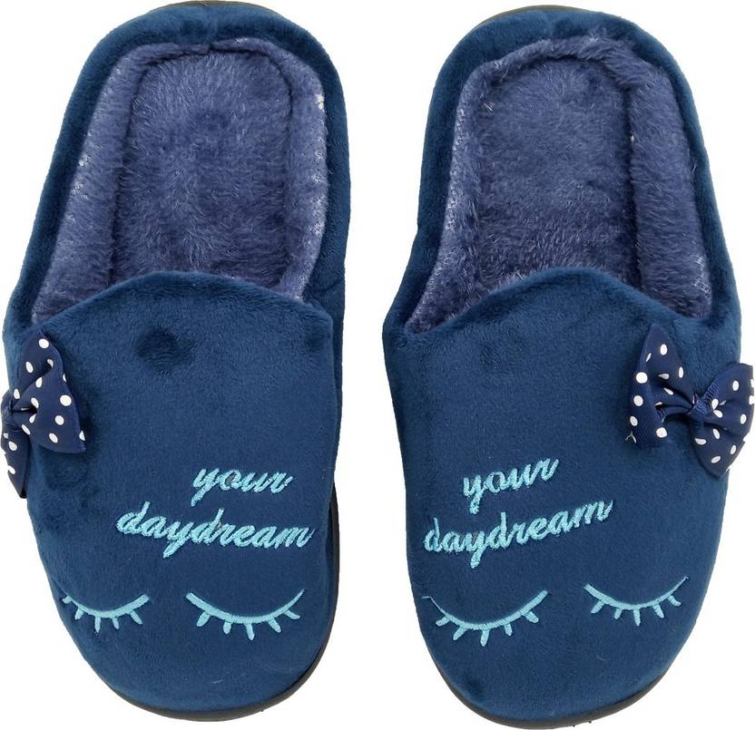 Miscreef Blue Bow Warm Winter Furry Bedroom Slippers