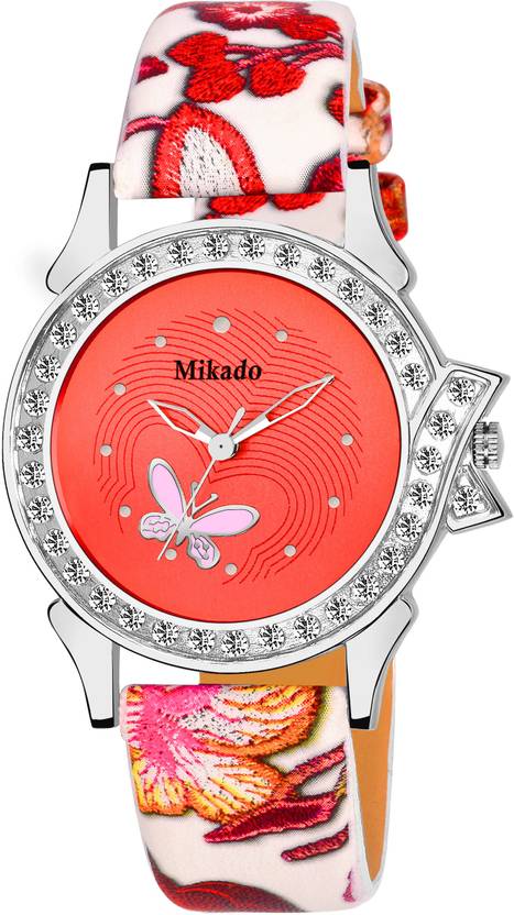 Mikado Red Butterfly Dial Designer Strap Watch For Girls And