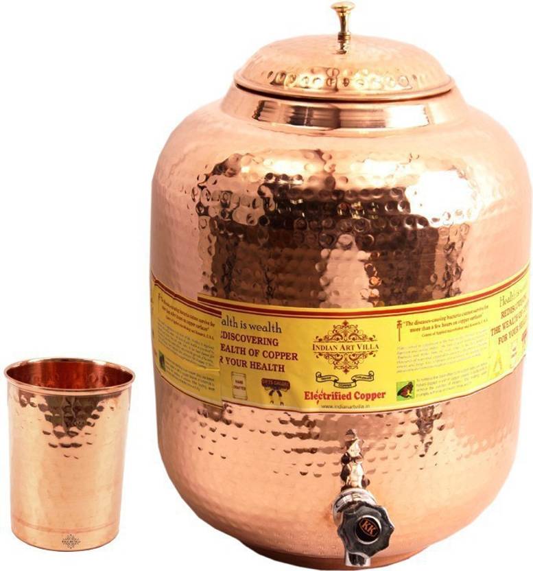 IndianArtVilla 1 Copper Water Pot 10 Liter with 1 Copper Flat Hammer