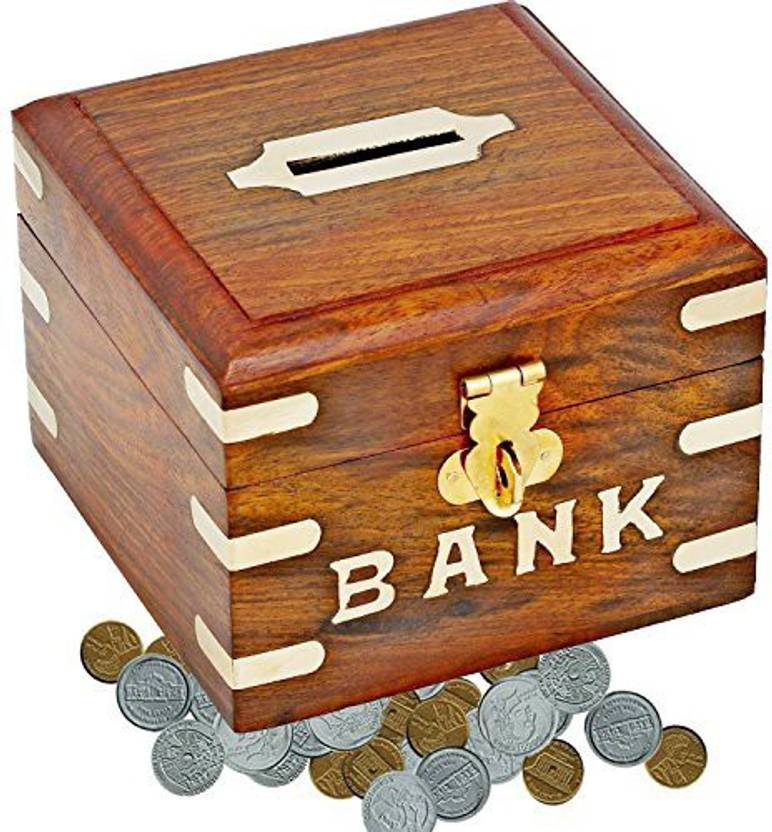 Naaz Wood Handmade Indian Money Box Safe Money Bank Savings Box En