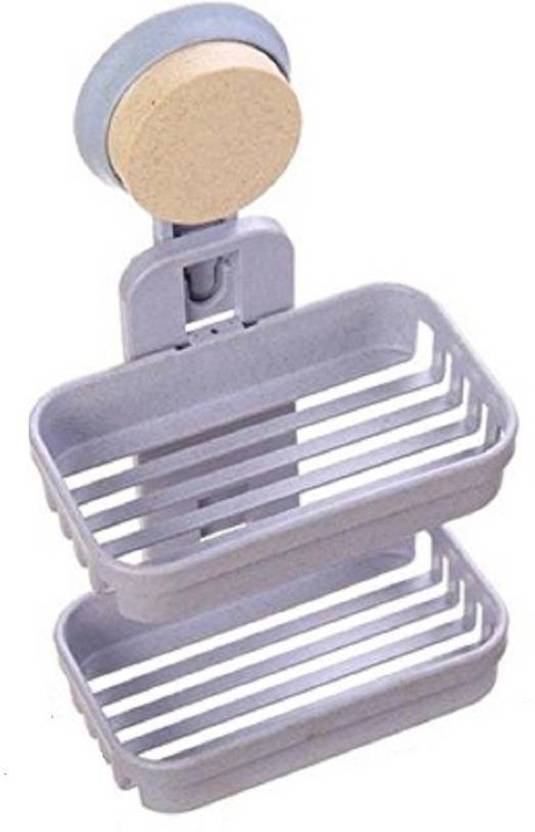 Continental Double Layer Soap Box Suction Cup Holder Rack Bathroom