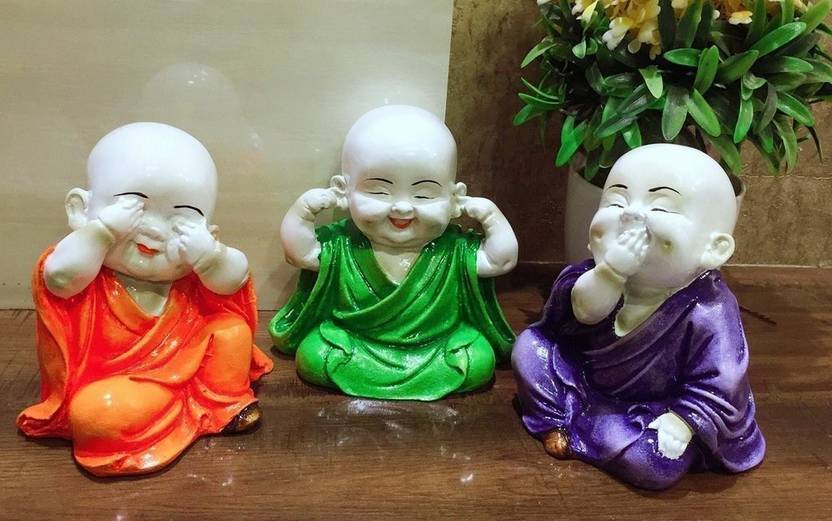 Heeran Art Religious Idols Of Baby Buddha Monk See No Evil Hear Heeran Art Religious Idols Of Baby Buddha Monk See No Evil Hear Speak Statue Orange Green And Purple Decorative Showpiece 13 Cm