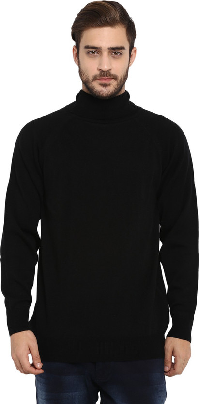 High Neck Casual Men Black Sweater 