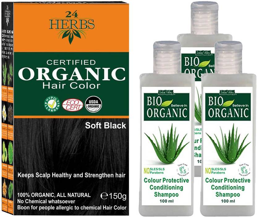 24 Herbs Certified Organic Soft Black Hypoallergenic Hair Color with 3