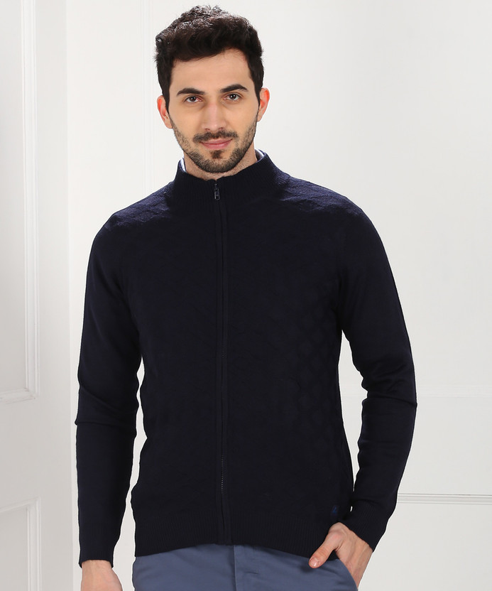 Neck Casual Men Dark Blue Sweater 