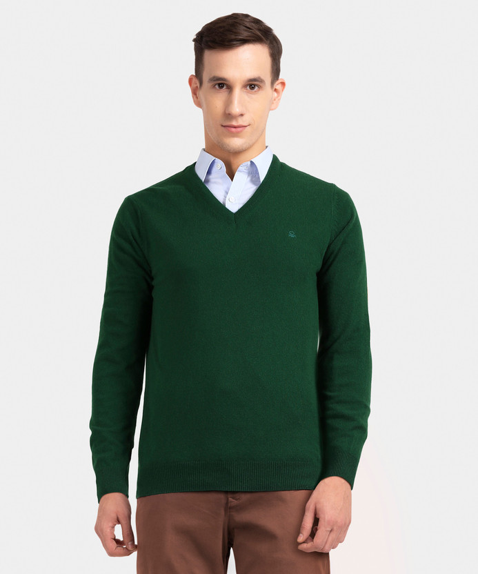 V-neck Casual Men Green Sweater 