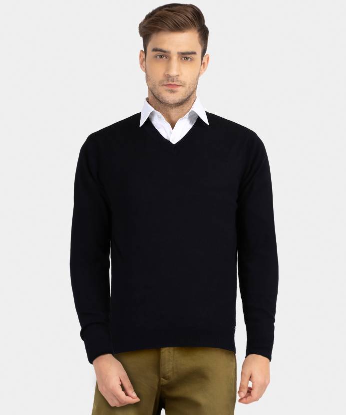 PARK AVENUE Solid V-neck Casual Men Black Sweater - Buy PARK AVENUE Solid  V-neck Casual Men Black Sweater Online at Best Prices in India |  