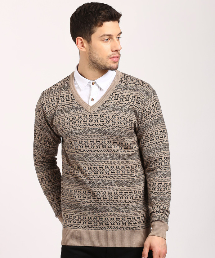 Design V-neck Casual Men Brown Sweater 