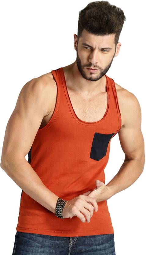 Roadster Men Color Block Scoop Neck Pure Cotton Orange T-Shirt