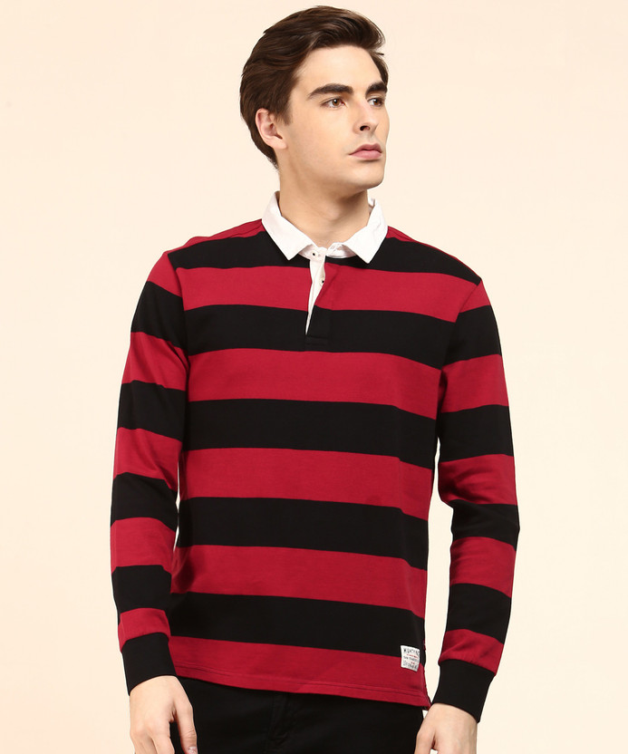 red and black striped polo