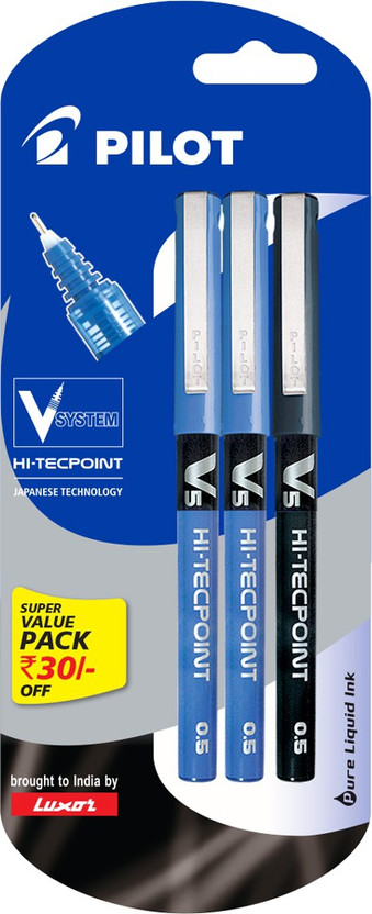 Pilot V5 Liquid Ink Rollerball Pen(Pack of 3, Ink Color - Blue, Black)