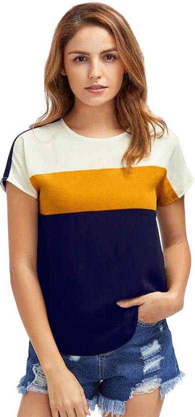 Zombom Casual Regular Sleeve Color Blocked Women's Yellow, Blue, White Top