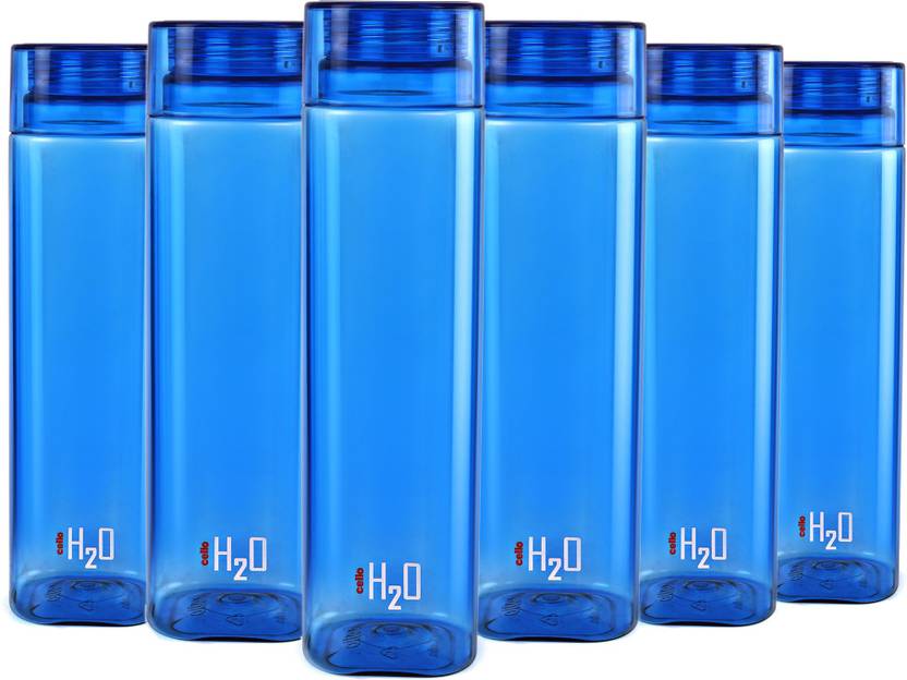cello H2o Squaremate Plastic Water Bottle, 1Liter , Set of 6, Blue