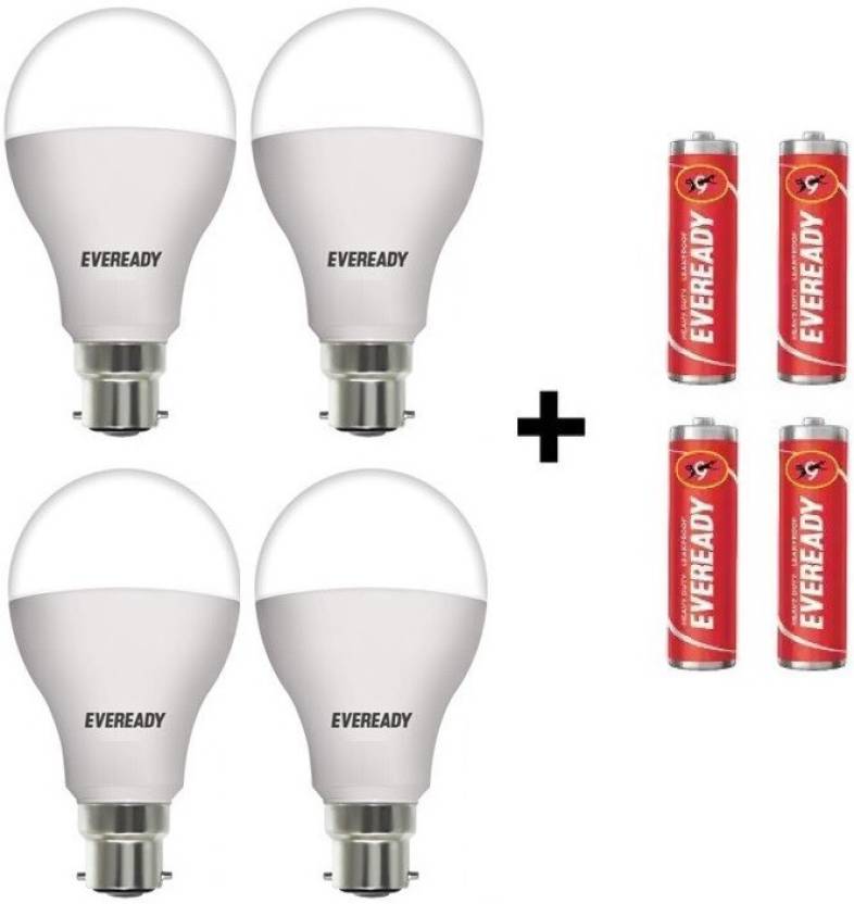 For 309/-(60% Off) Eveready 10 W Round B22 LED Bulb (Pack of 4) + 4 Batteries at Flipkart