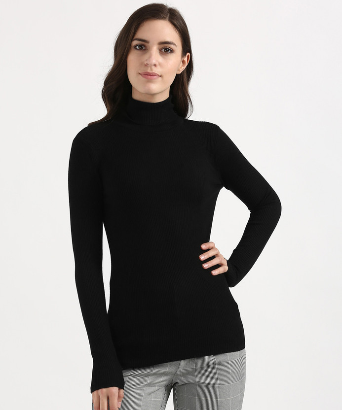 Turtle Neck Casual Women Black Sweater 