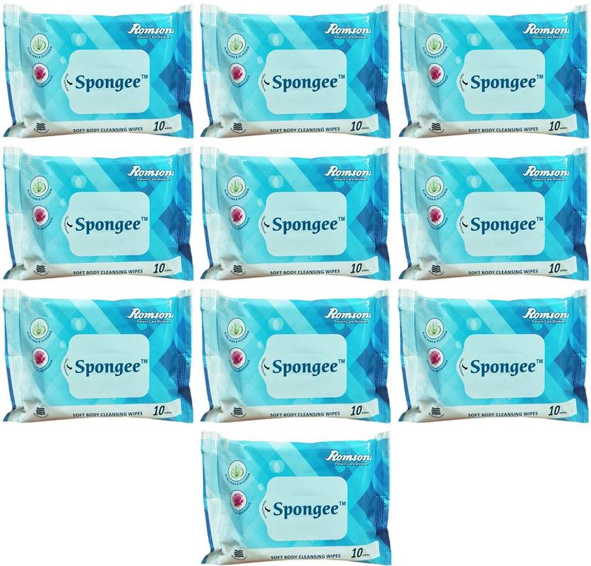 Romsons SPONGEE SOFT BODY CLEANSING WIPES FOR ADULTS,10 PCS PACK, COMBO