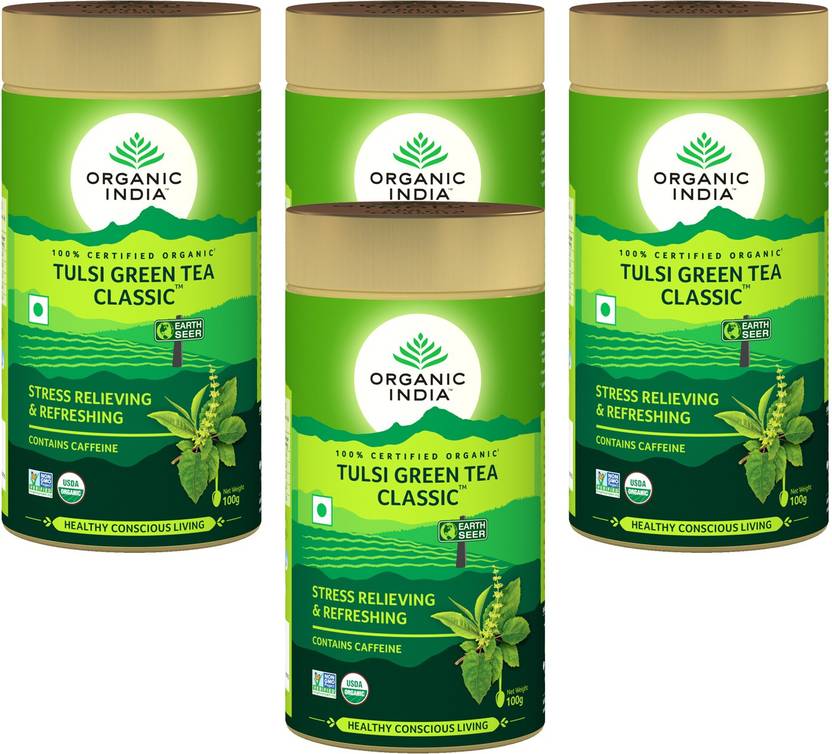 ORGANIC INDIA Tulsi Green Tea Classic 100 GM Tin (Pack Of 4) Tulsi Green Tea Drum Price in