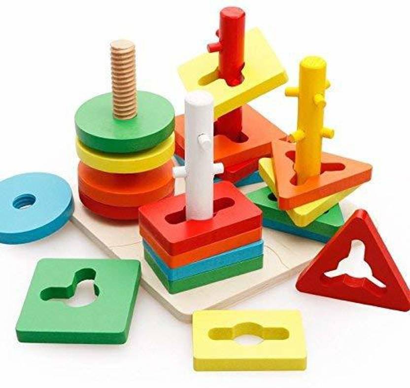 TEMSON Wooden Blocks Geometric Shape Matching Four Sets of Column Learning Education Puzzle Game