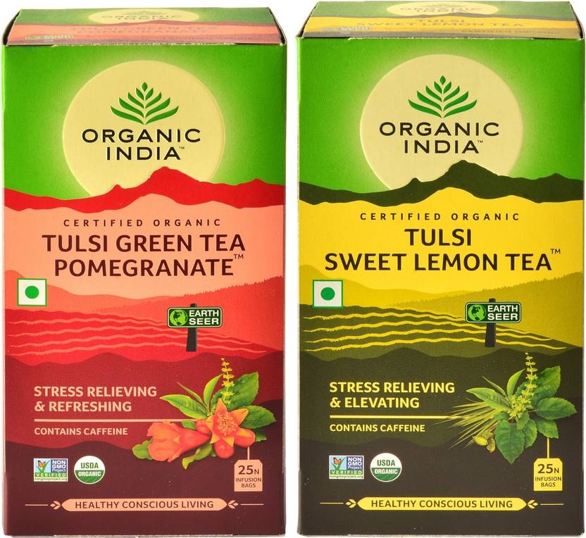 ORGANIC INDIA Tulsi Green Tea Pomegranate 25 Tea Bags & Sweet Lemon 25 Tea Bags Pomegranate