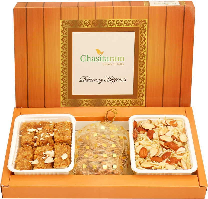 Ghasitaram Ghasitaram Gifts Hampers- Milk Cake , Namkeen and Almonds Pouch Hamper Combo(500 g) - Flipkart Deal