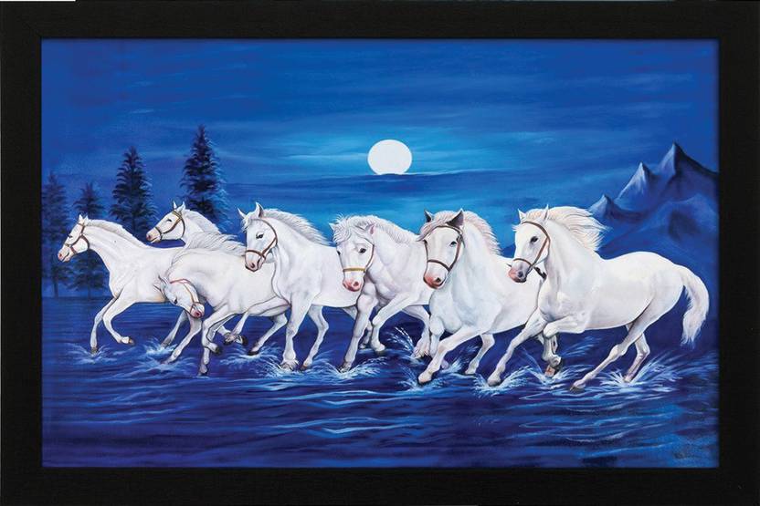 "vastu poster" white 7 horse running wall sticker poster (12 inch X 18