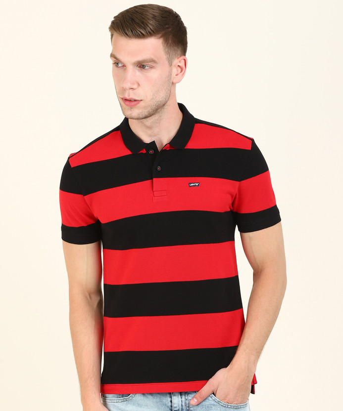 Red and black striped polo shirt on sale