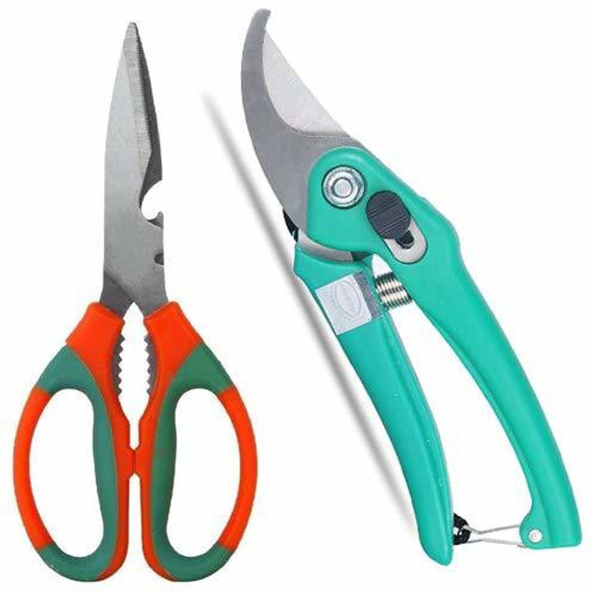 GROWTOP Gardening Tools Set with Scissor and Garden Scissors Pruning Bypass Secateurs Flower Cutter Branch Trimmer Carbon Steel Blade with Lock (Tools Set 1+1) Garden Tool Kit (2 Tools) Garden Tool Kit(2 Tools)