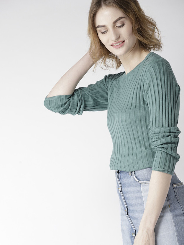 Round Neck Casual Women Green Sweater 