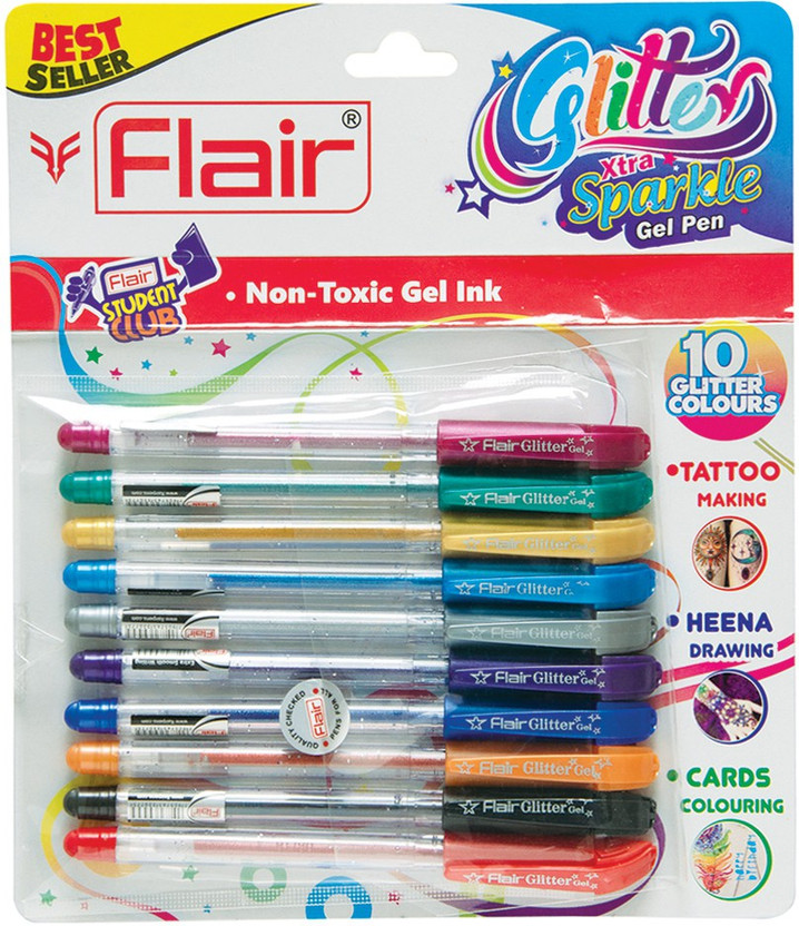FLAIR Glitter Sparkle 1.0mm Gel Pen Blister Pack | Smooth & Perfect Writing Experience Gel Pen(Pack of 10, Ink Color - Multicolor)