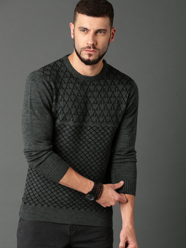 Round Neck Casual Men Grey Sweater 