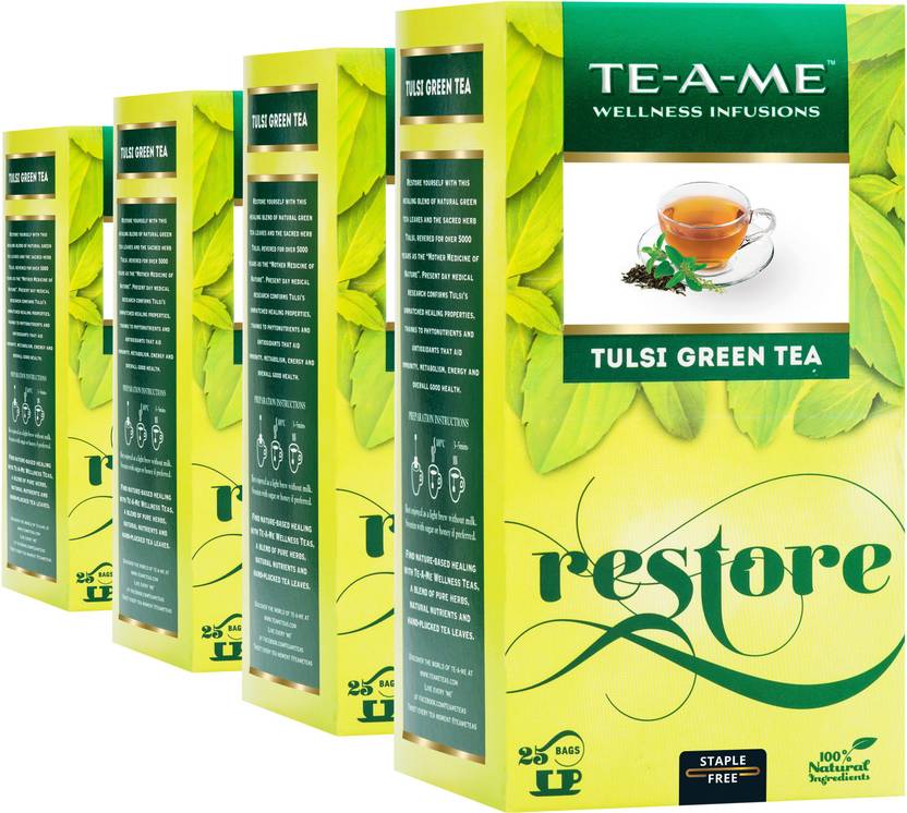 TEAME Pack of 4 (4 X 25 = 100 Tea Bags) Tulsi Green Tea Bags Box