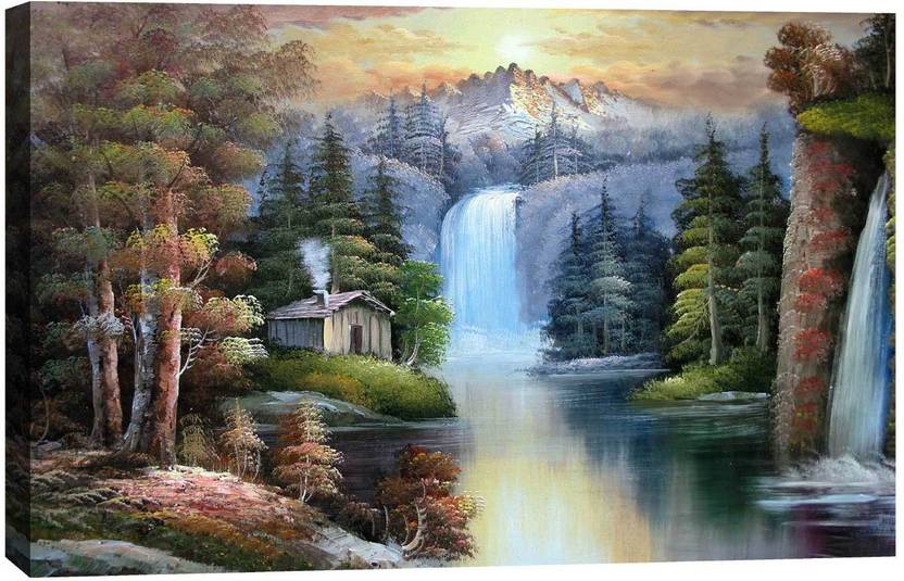 Art Amori Nature Landscape House Waterfall Mountain Canvas Painting