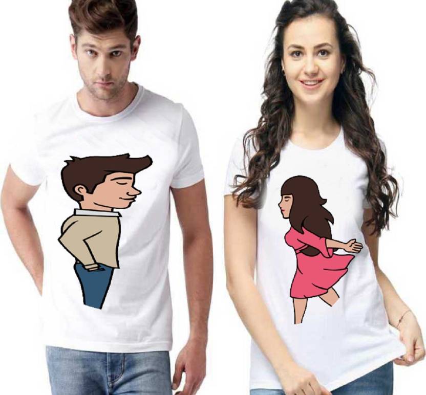 Fitex Cartoon Couple Round Neck White T-Shirt - Buy Fitex Cartoon Couple  Round Neck White T-Shirt Online at Best Prices in India 