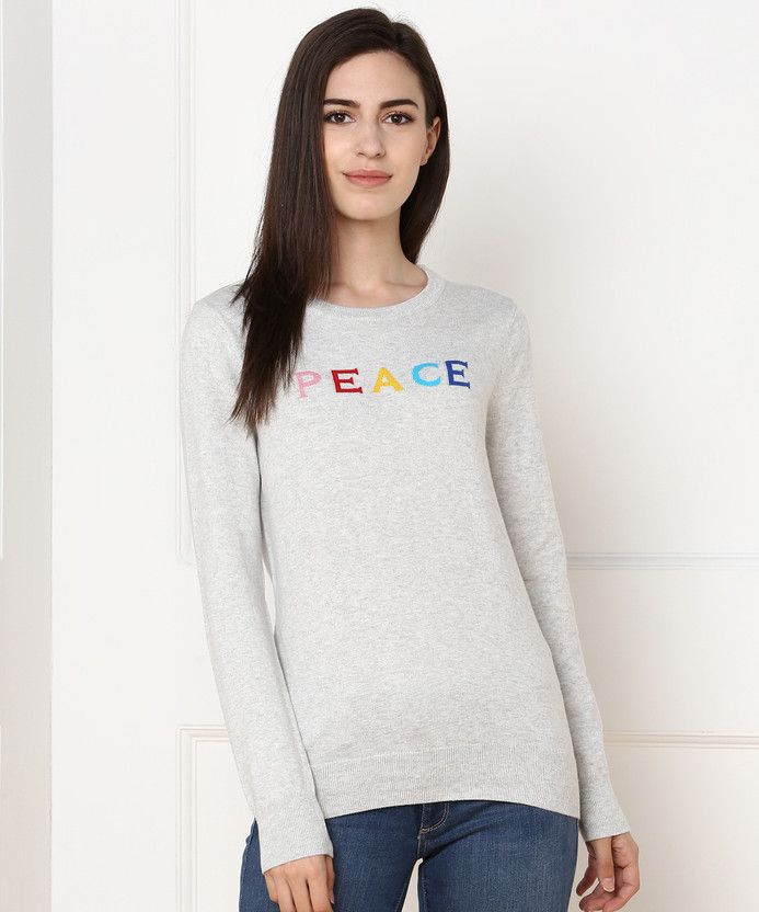 Round Neck Casual Women Grey Sweater 