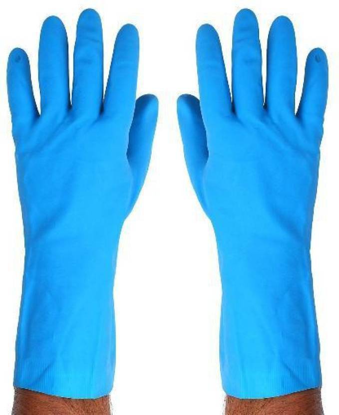 Hand Care Flocklined Household Rubber Gloves Blue Large Wet and Dry