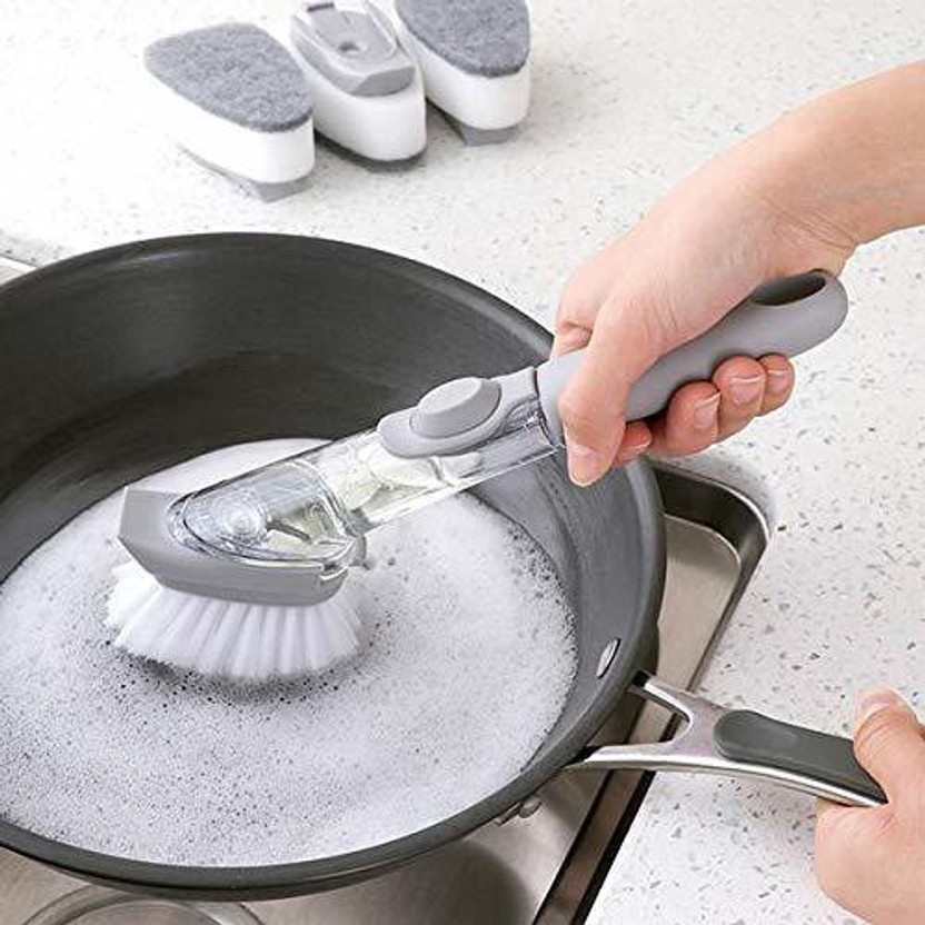 Cutezy Plastic Handy Scrubber Brush with Refill Liquid Soap Dispenser for Kitchen, Sink, Dish Washer (Multicolor) Plastic Wet and Dry Brush(Multicolor)