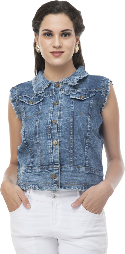 Sleeveless Solid Women Denim Jacket 
