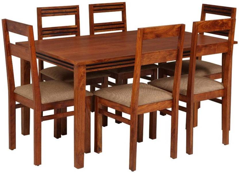 TRUE FURNITURE Sheesham Wood 6 Seater Dining Table Set with Cushioned