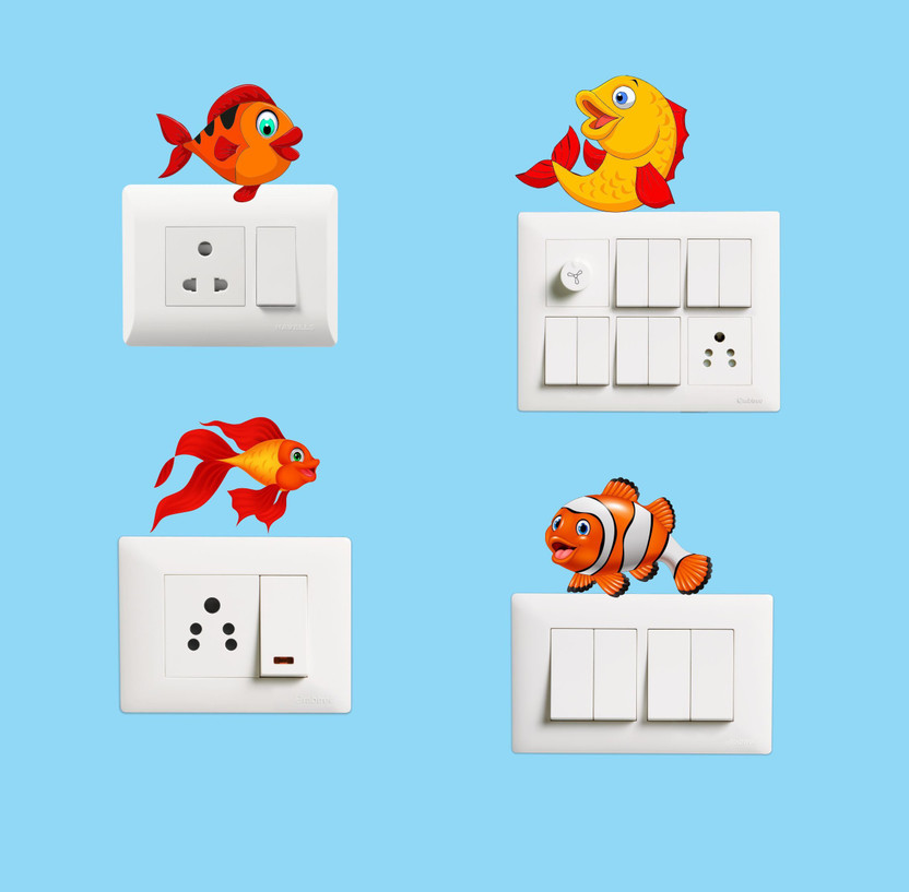 SUDARSHAN DESIGNS 8 cm Switch Board Sticker - Funny Fish Wall Decorative - Switch Panel Stickers Wall Sticker Set of 4 - Light Switch Sticker Self Adhesive Sticker(Pack of 1)