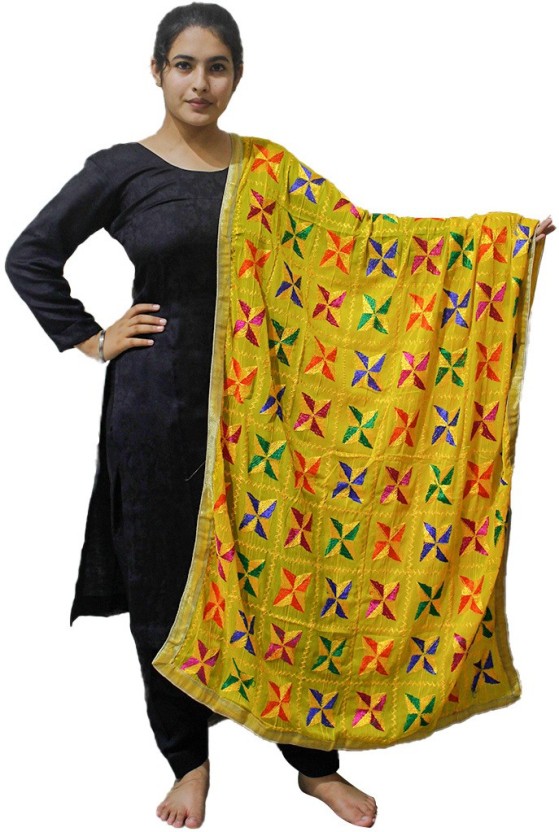 black suit with yellow phulkari dupatta