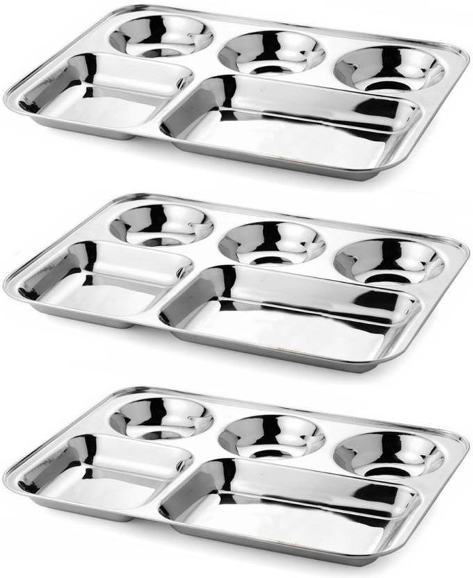 pranidh Stainless Steel Rectangular Bhojan / Lunch / Dinner Plate (5