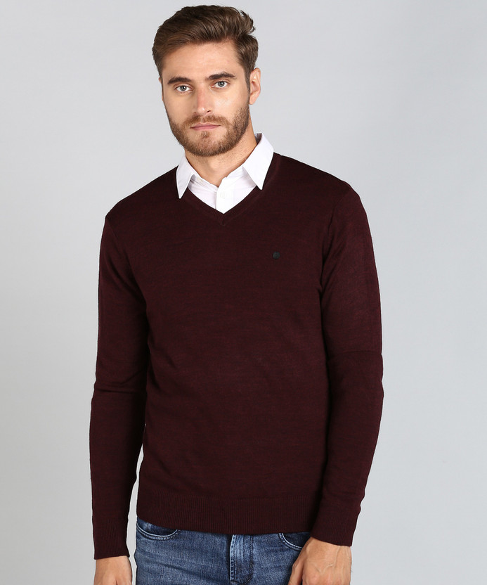 V Neck Casual Men Maroon Sweater 