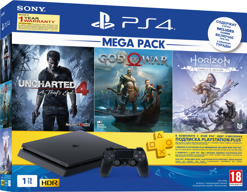 SONY PS4 Slim 1 TB with Horizon Zero Dawn, God of War, Uncharted 4(Jet Black)