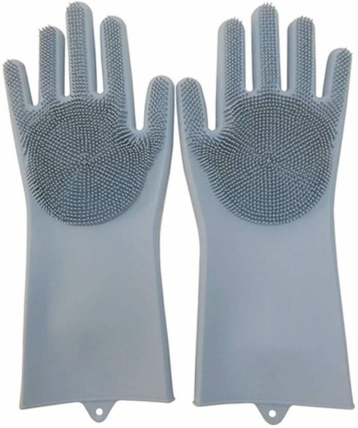 Asha Enterprises Silicon Gloves with Wash Scrubber Reusable Heat Resistant Kitchen Tool for Cleaning, Dish Washing Wet and Dry Glove(Free Size)