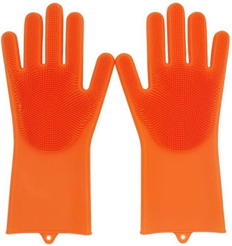 Asha Enterprises Silicon Gloves with Wash Scrubber Reusable Heat Resistant Kitchen Tool for Cleaning, Dish Washing Wet and Dry Glove(Free Size)