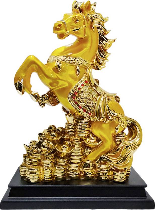 FABZONE Gold Plated with Wooden Base Antique Horse Statue Showpiece