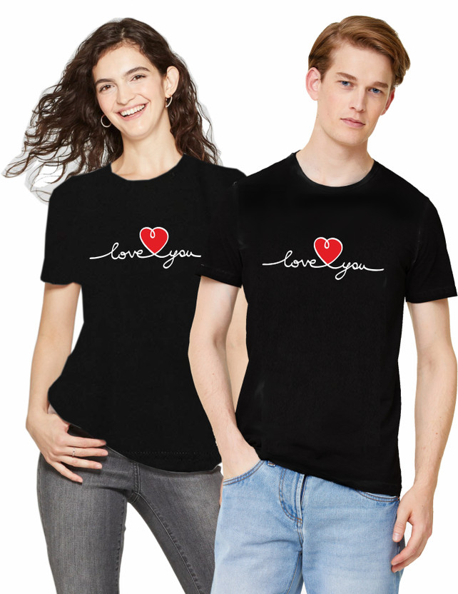 Printed Couple Round Neck Black T-Shirt 