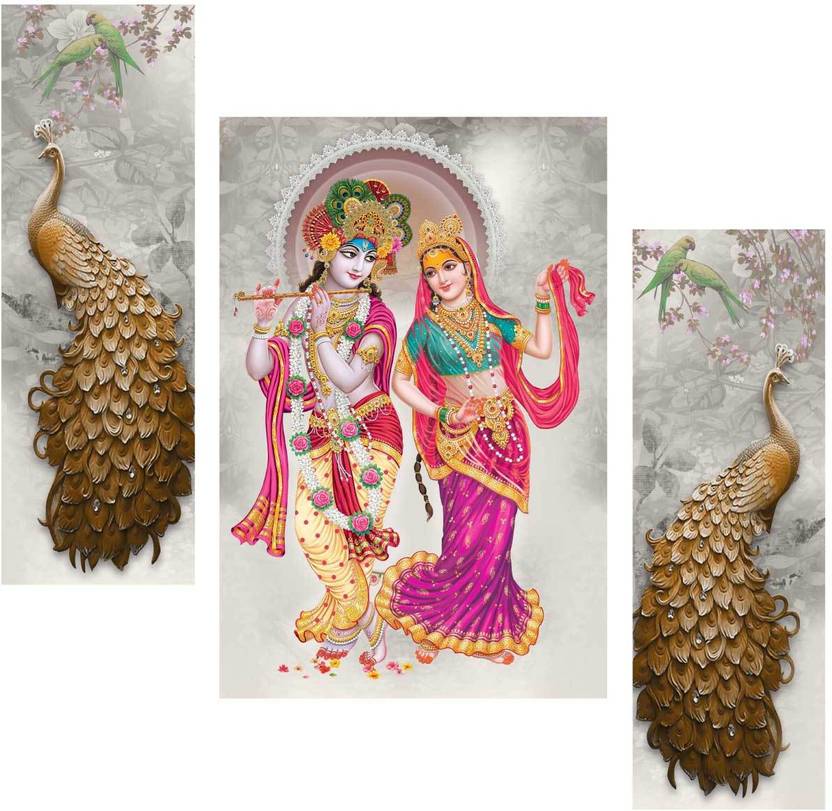Art Amori Shree Radhe Krishna with Peacock 3 Piece MDF Painting Digital