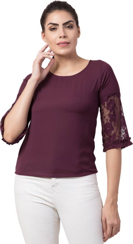 POPWINGS Casual Regular Sleeves Solid Women Purple Top