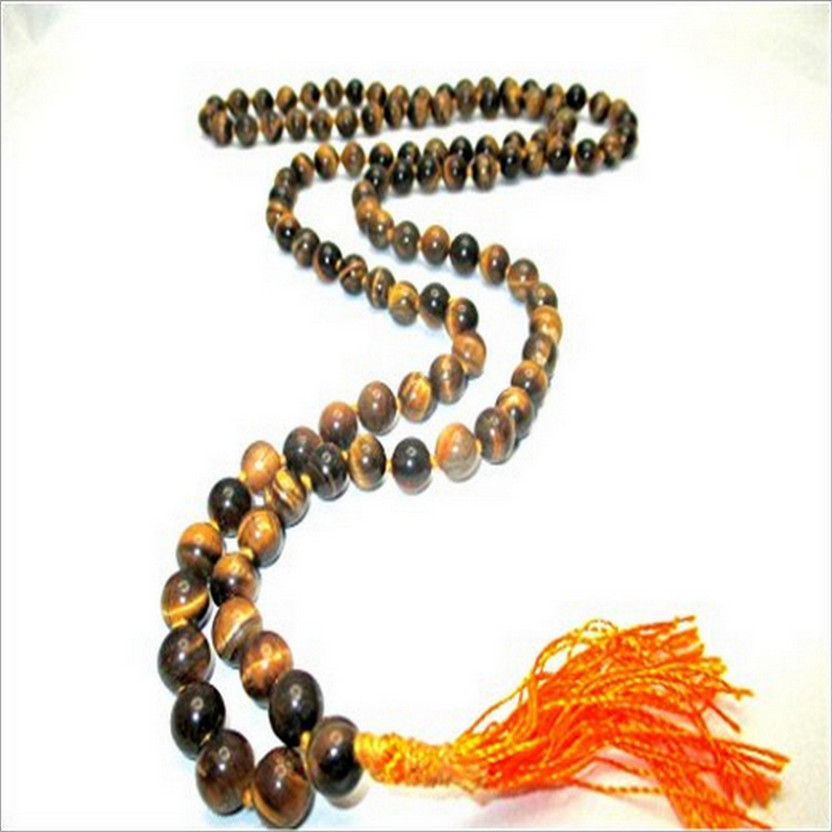 Jet International Tiger Eye 108 Beads Knotted Mala Tiger's Eye Stone Necklace